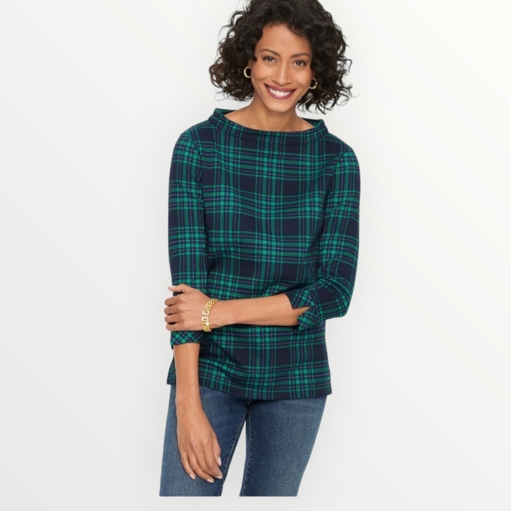 Talbots Green Blue Tartan Plaid Boatneck Sweater Top | XS Classic Preppy Holiday